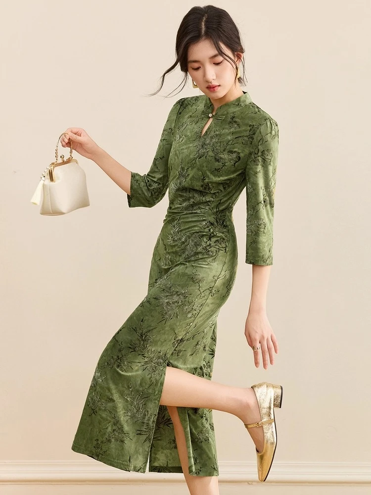 

SENTUBILA Women's Dress 2025 Autumn Frog Closure Stand Collar Mid-Length Dresses Three-Quarter Sleeve Slim-fit Dress Q53LI3706