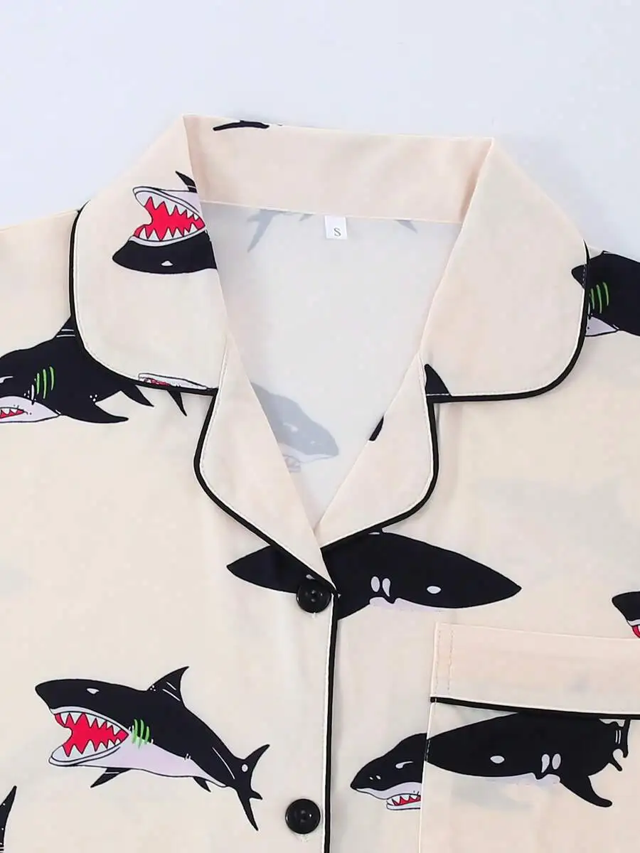 

Women Short Sleeve Pajama Set With Shark Print Turn-Down Collar Button Front Loose Fit