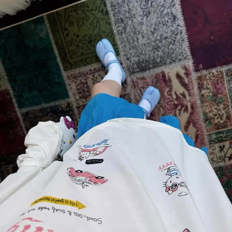 Sanrio Kawaii Hello Kitty Basisshirt met lange mouwen Anime Cartoon Schattig Zacht Comfortabel Casual Veelzijdig Los Katoenen Meisjestop