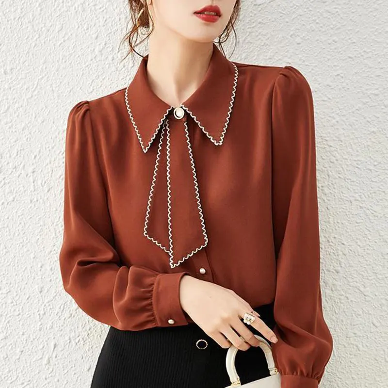 Women\'s Autumn Fashion Simplicity Solid Color Long Sleeve Chiffon Shirts Women Clothes Casual All-match Temperament Tops