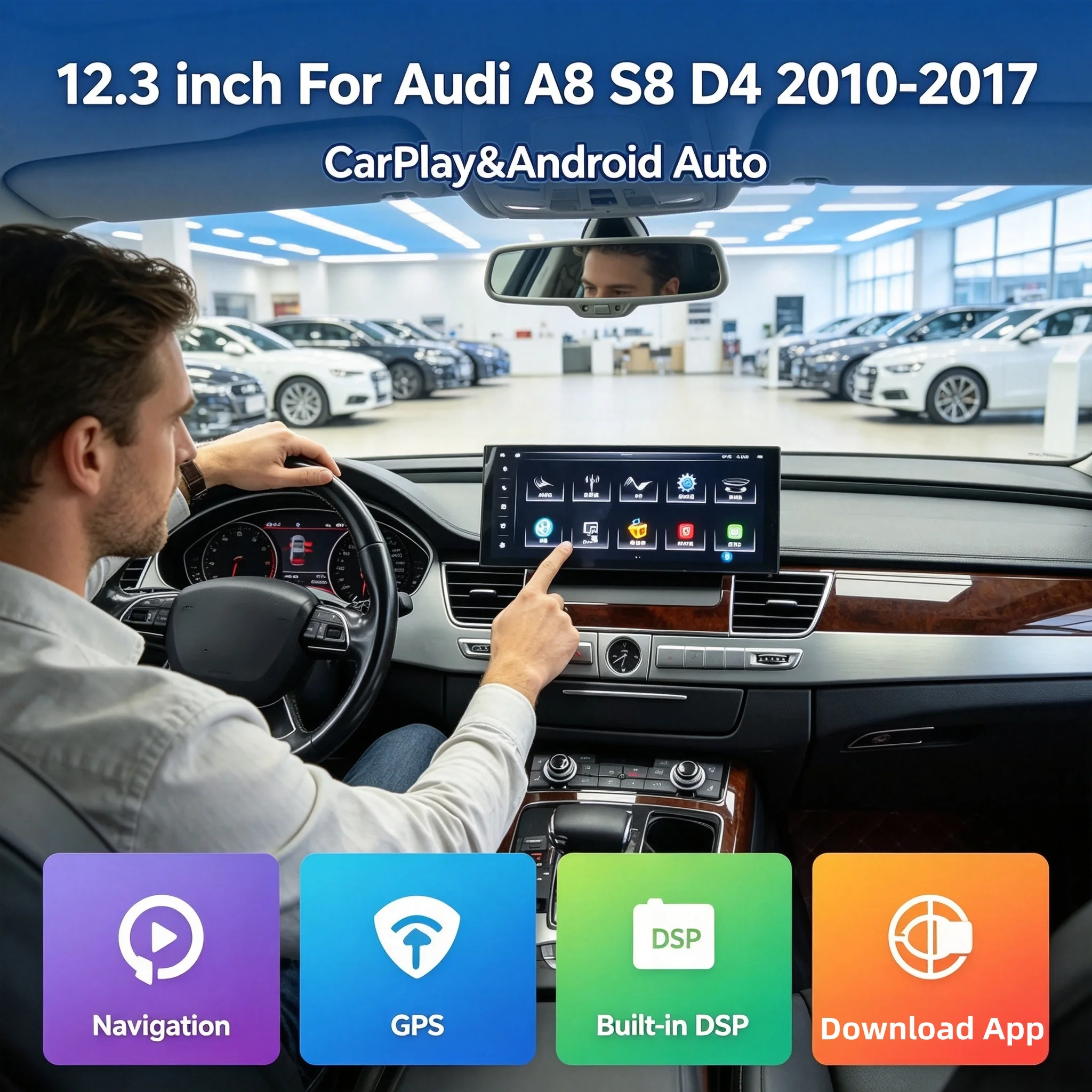 Android 14 car radio multimedia player For Audi A8 S8 D4 2010-2017 CarPlay navigation Bluetooth 12.3inch touch screen upgrade