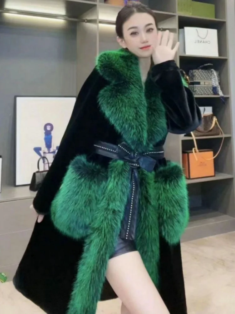 Vefadisa 2024 Winter New Green Patchwork Women Faux Fur Coat V-Neck Long Sleeve Temperament Mid-length Faux Fur Coat ZXY1497A