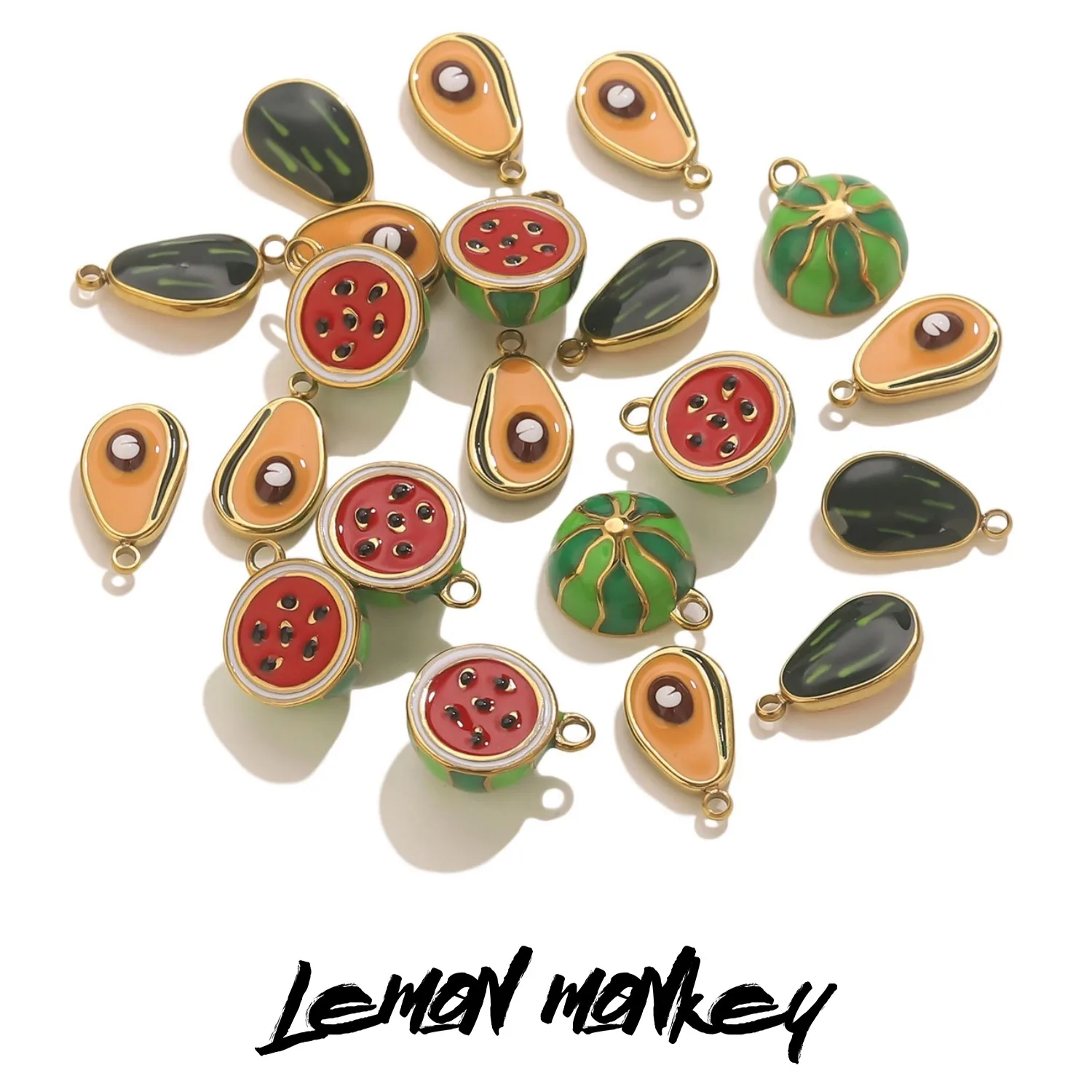 

2PCS Colorful Oil Drop Fruit Pendant Stainless Steel Avocado Watermelon Design DIY Jewelry Accessories