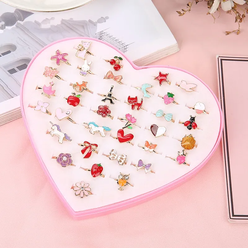 12/36 Pcs Adjustable Alloy Baby Girl Rings with Heart Shaped Box Cartoon Mix Finger Jewellery Rings Kid Girls Toys Random Color