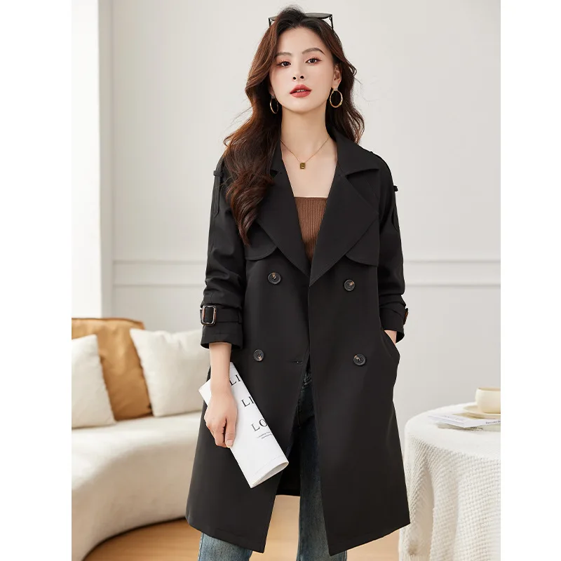 Manteaux longs à Double boutonnage pour femmes, kaki coréen, ceinture à revers, Trench ample, Streetwear, coupe-vent, pardessus de bureau pour dames, automne