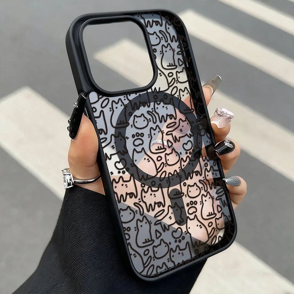 Funda magnética de lujo con cordón para iPhone 13 17 16 Pro Max 11 15 14 12, acrílica mate con diseño de gato pintado