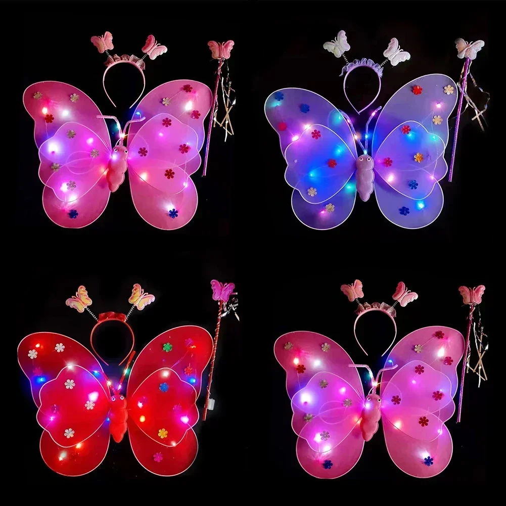 Camadas duplas LED piscando luz para meninas, fada borboleta asa, varinha, headband, fantasia, presente do brinquedo, decoração do Dia das Bruxas, 3 PCs por conjunto, 4PCs por conjunto