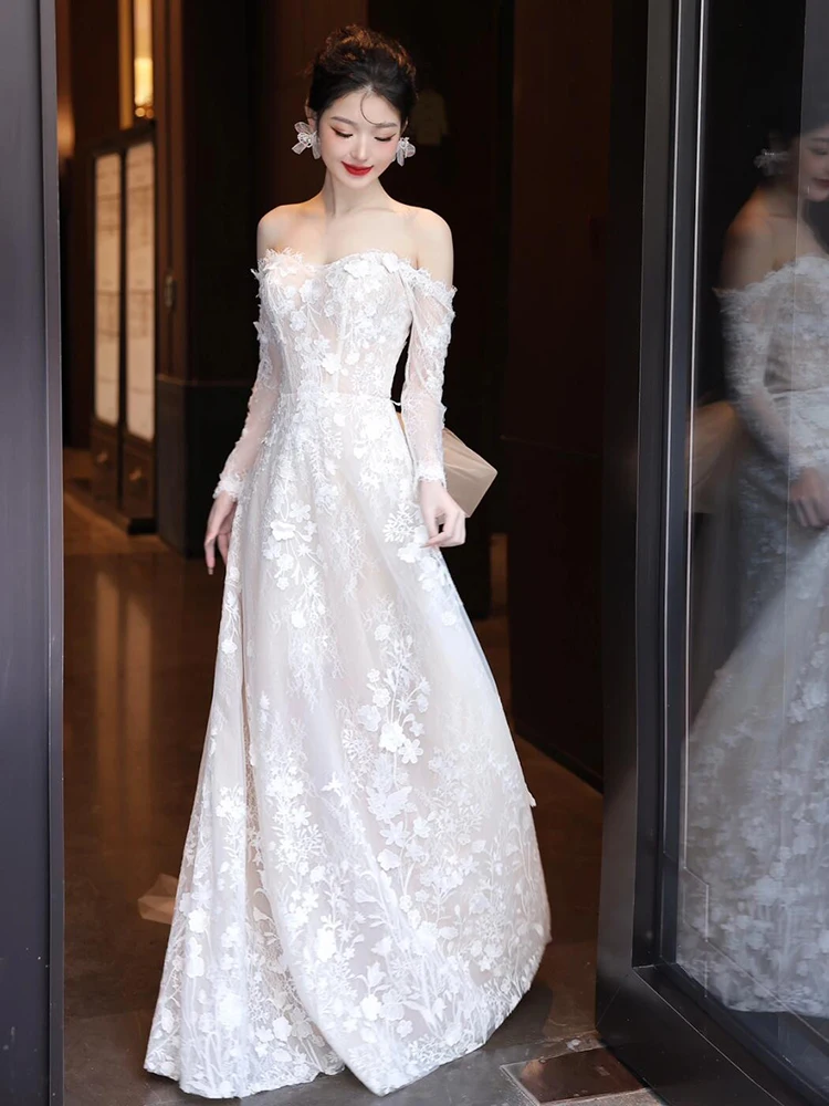 

Элегантное кружевное свадебное платье на одно плечо с длинным рукавом для невесты, для церемоний в отеле, в корейском стиле, с цветочной вышивкой