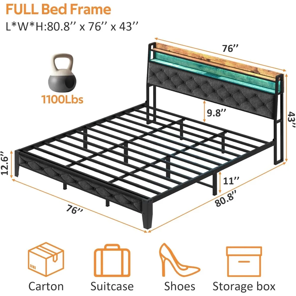 Bed Frame with Charging Station, Metal Platform Bed Frame No Box Spring Needed, Easy Assembly,Noise Free，Modern Upholstered