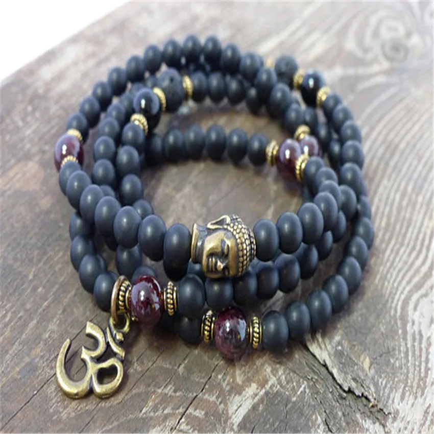 

8mm Frosted black agate Garnet Gemstone 108 Mala Bracelet Buddhist Party Karma Beaded Men