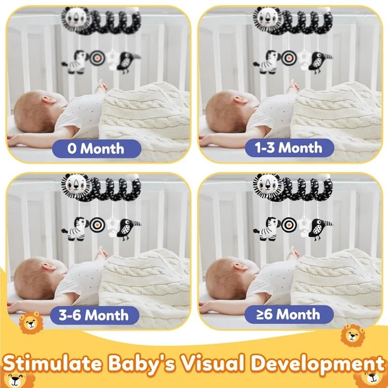 Baby-Autositz-Spielzeug, schwarz-weißer Löwe, Koala, Rassel, Spirale, hängende Aktivität, Kinderwagen-Spielzeug für Neugeborene, Kinderbett, mobiles sensorisches Spielzeug, Geschenke