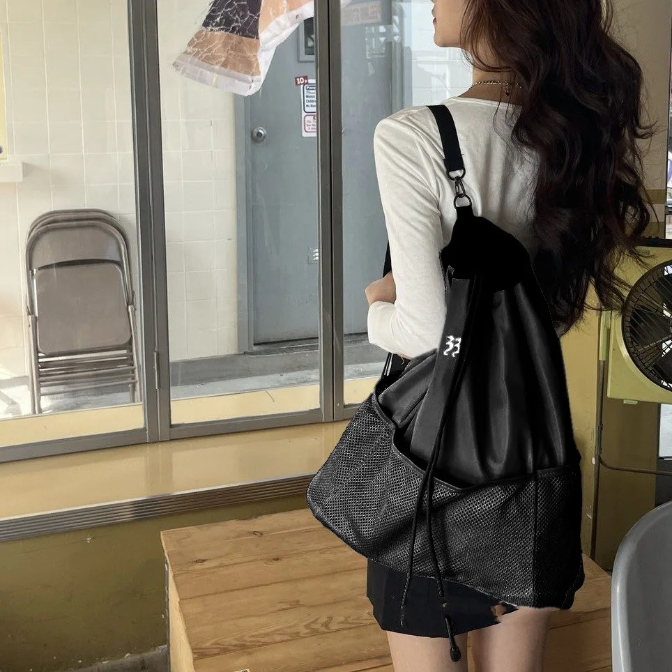 Gray Nylon Lightweight Large Capacity Mesh Backpack Women Drawstring Strap Pocket Schoolbag Original Women Bag Trend Mesh