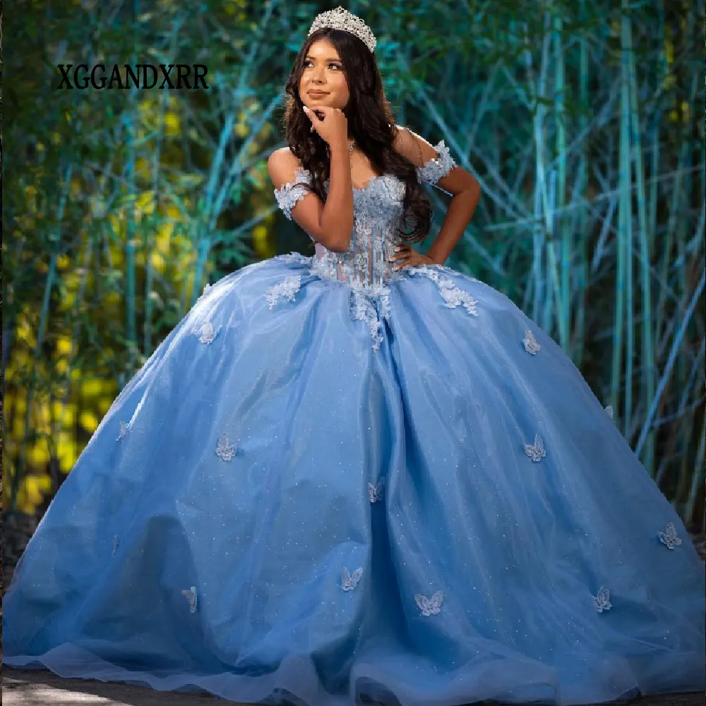 

Elegant Sky Blue Quinceanera Dress 2024 Mexican Vestidos De 15 Princess Sweet 16 Birthday XV Ball Gown Cinderella Girl Dress