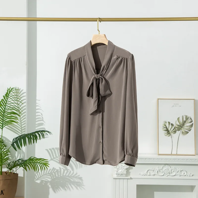 Mulberry Silk Shirt Women\'s Silk Bow Ribbon Shirt Temperament Long Sleeve Women Blouse Sand Washed Crepe De Chine Silk