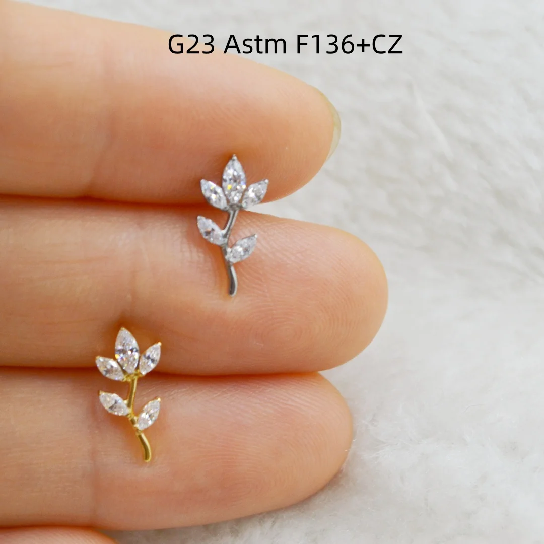 10pcs G23 Titanium Piercing Astm F136 CZ Leaf Nice Lip Labret Bar Ear Helix Tragus Rook Barbells Stud Piercing Jewelry