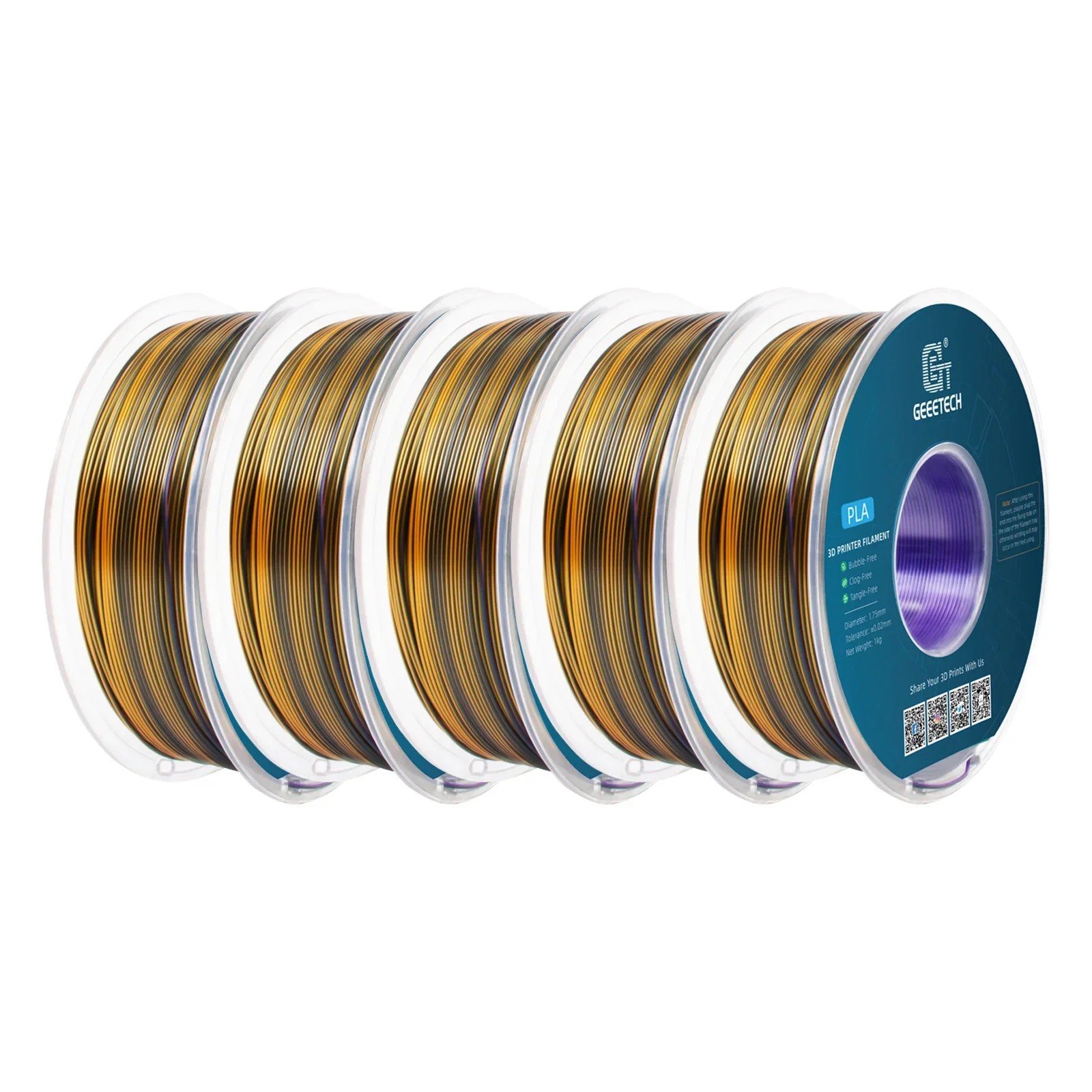 Geeetech 5Rolls Three Tri Color Silk PLA Filament, 3D-filament 1,75 mm spoeldraad (+/-0,02 mm) Vacuümverpakking, speciale kleur