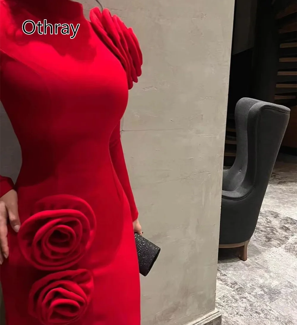 Othray Charming Red Evening Dresses High Neck 3D Rose Long Sleeves Saudi Arabia Dubai Formal Prom Gowns Wedding Guest Party Robe