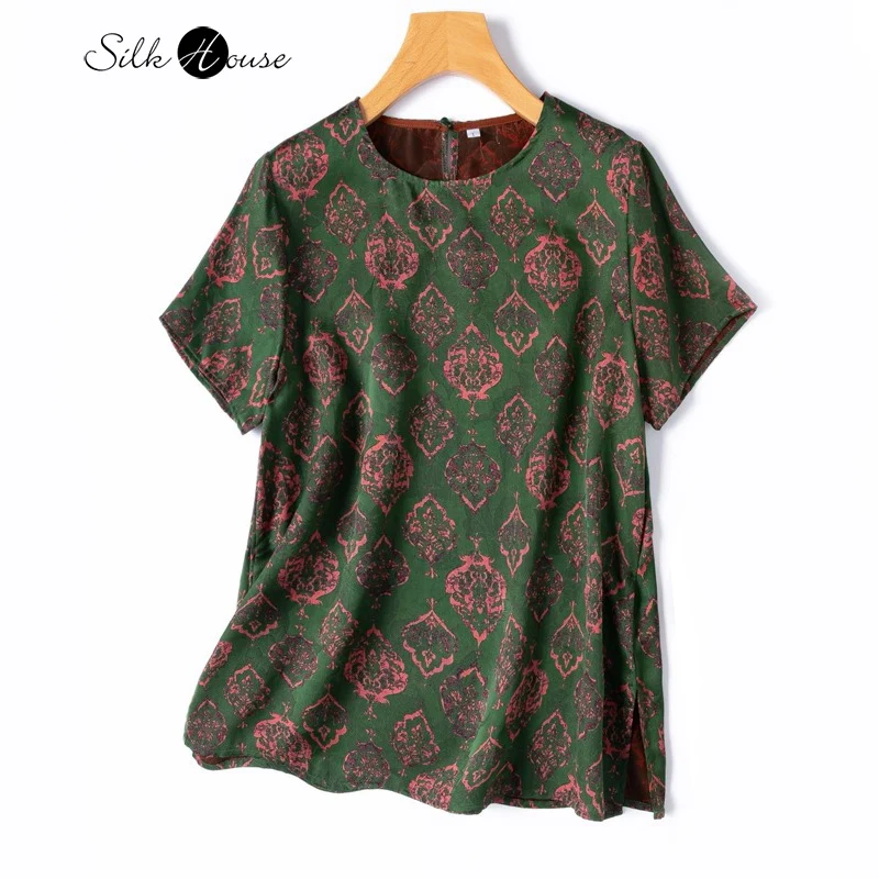 

Retro Minimalist Style 24MM 100% Natural Mulberry Silk Gambiered Guangdong Gauze Women's Round Neck Short Sleeved T-shirt