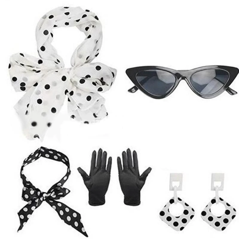 

Y5GC Rockabilly Costumes,1950s Costumes Accessories Halloween Cosplay Costume Scarf,Cats Eye Glasses,Scarf,Earring,Gloves