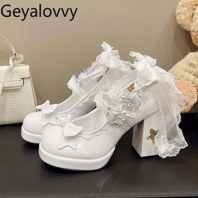 

Lolita Japanese Style Original White Pink Mary Jane High Heels Versatile Sweet Cute Bowknot Lace-up Pumps Shoes for Girls