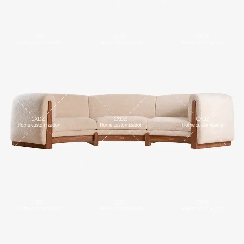 Nordic Simple Light Luxury Wabi Sabi Curved Lamb Wool Black Walnut Solid Wood Fabric Sofa for Living Room Hotel