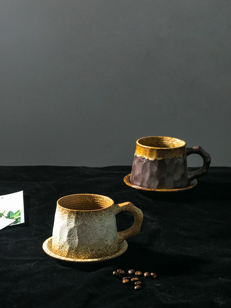 Handmade and Plate Vintage Rough Ceramic Set Ceramic Handmade Coffee Cup with Spoon