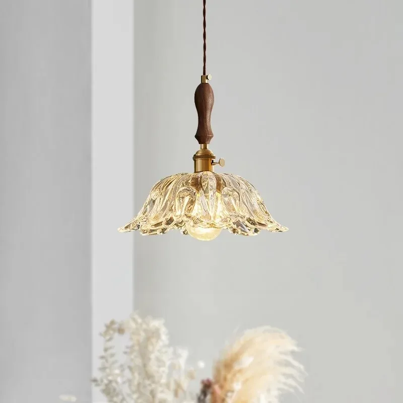 

French Floral Japanese Retro Walnut Glass Brass Pendant Light Luxury Chandelier for Restaurant Bar Home Decor Room Decor