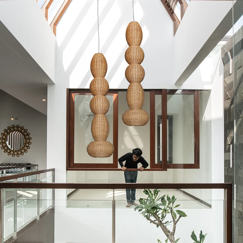 

Villa stairs long chandelier hotel lobby loft high hollow living room light Chinese zen rattan art chandelier