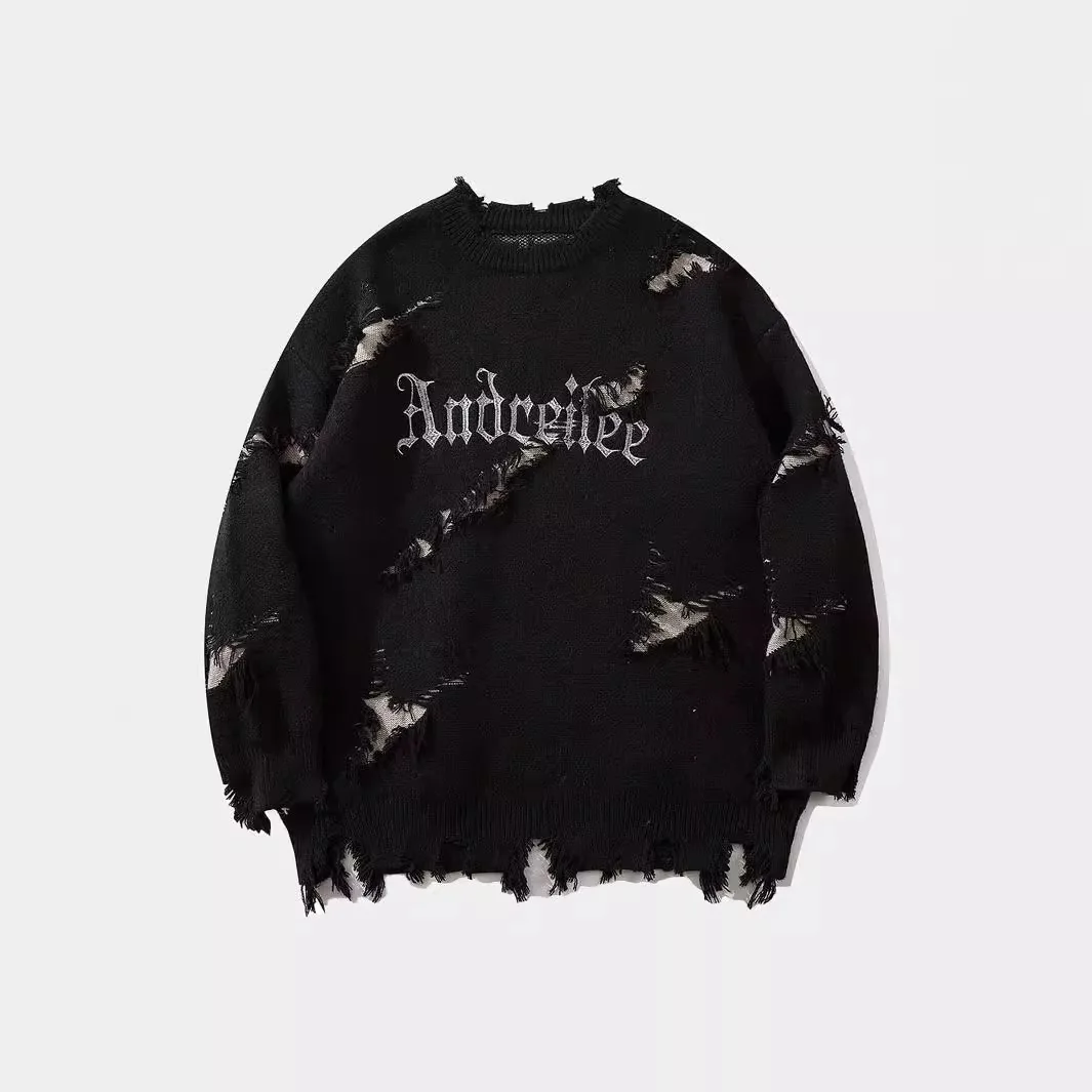 

American Sle Loose Fit Hole Letter Embroidery Color Blo Street Sle Men's Women's Sweater Long Sve Crew Ne Knitwear