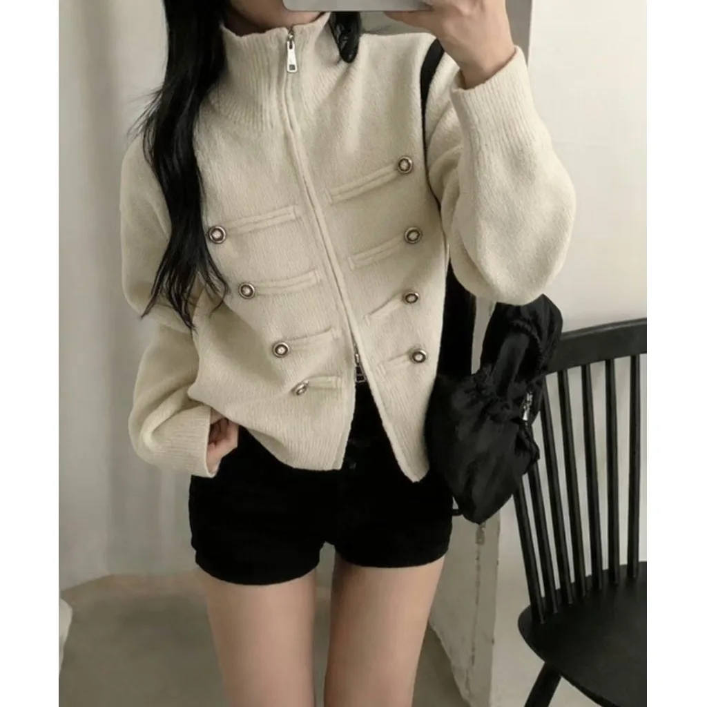 2026 Autumn New Thickened Stand Collar Double Zipper Long Sleeve Knitted Open Cardigan Sweater Women's Top Trendy