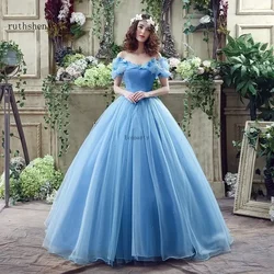 Princess Ball Gown Off- Shoulder Cinderella Blue Wedding Dress Bridal with Corset Back Dresses for Women 2022  Evening Dresses