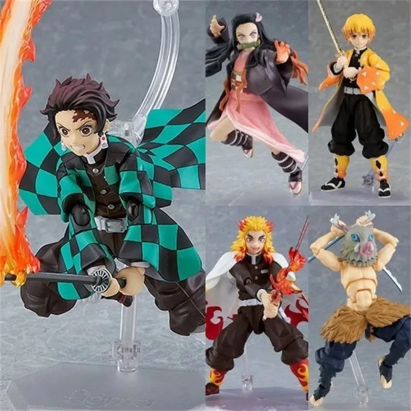Коллекционные аниме-фигурки Figma Demon Slayer: подвижные модели Камадо Танджиро, Иноске, Хашибира Кёджиро, Столп Пламени. Подарки.