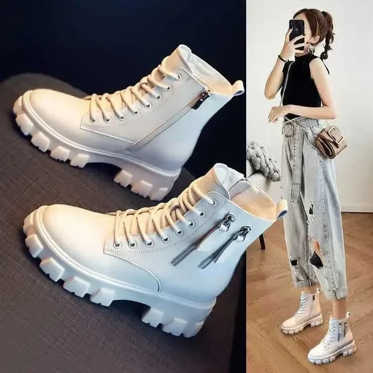 Pu Leather Platform Ankle Boots Women Lace-Up Zipper Thicked Plush Snow Boots Woman Winter Non-Slip Warm Cotton Shoes 2023