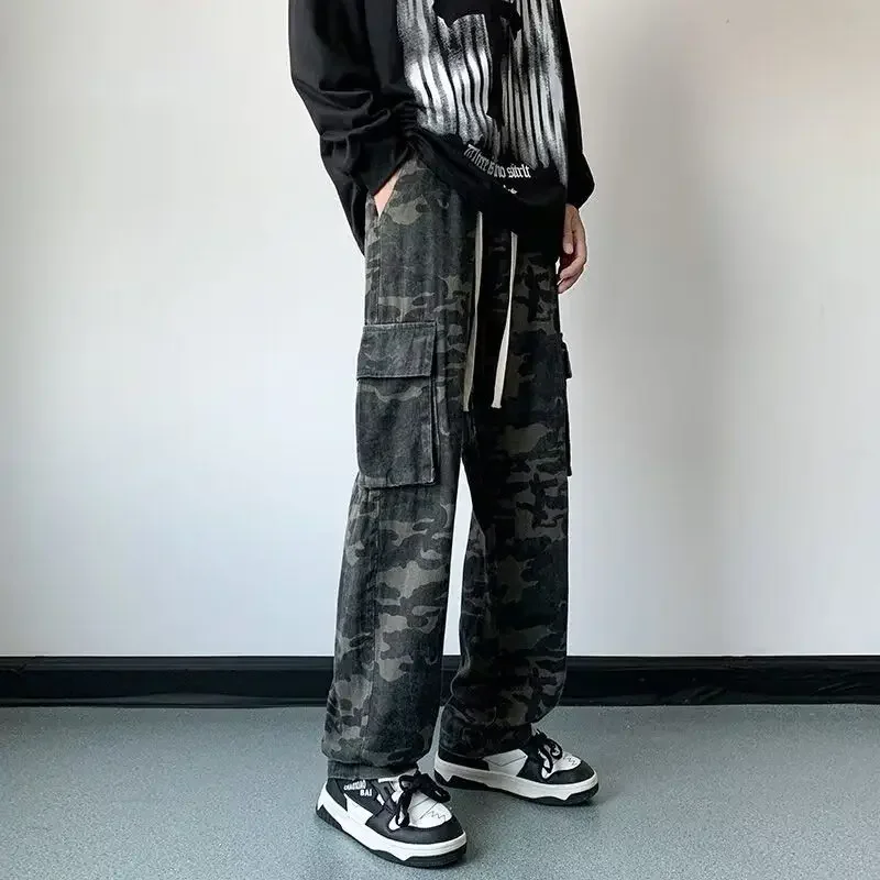 Mit Taschen Herren Jeans Camouflage Hose Weites Bein gestapelt Weiche japanische Street Style Y 2k Vintage Casual Männliche Cowboyhose