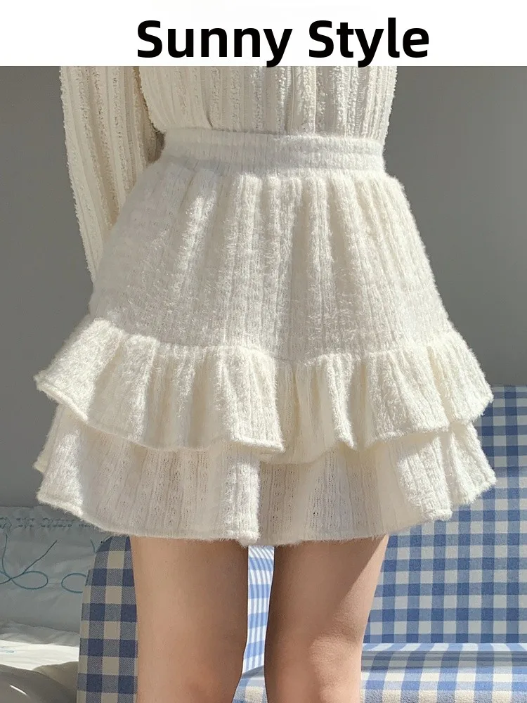 

Белая вязаная юбка А-силуэта с высокой талией для женщин, короткая юбка-кейк из полиэстера с эластаном