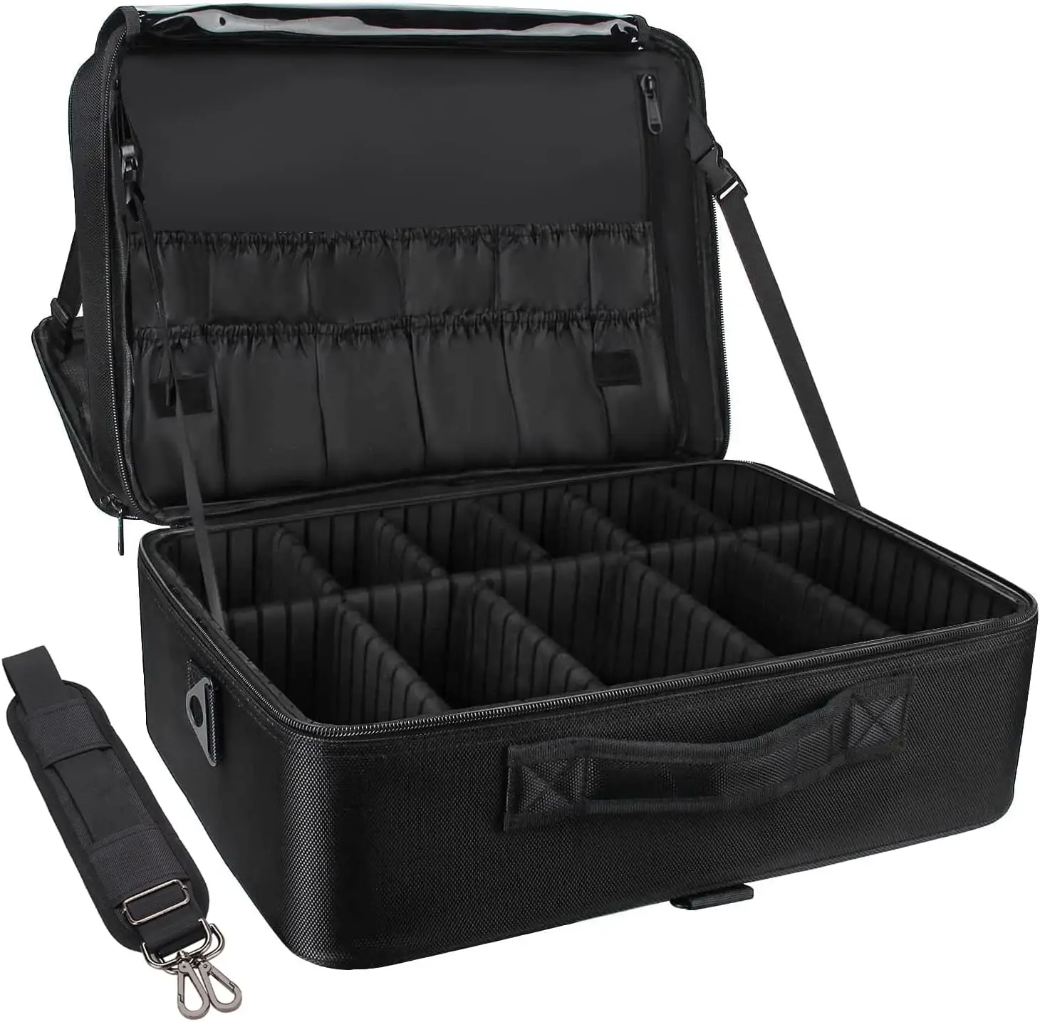 

Extra Large Makeup Case with Adjustable Dividers, Trolley Attachment, and Shoulder Strap for Travel and Professional Use