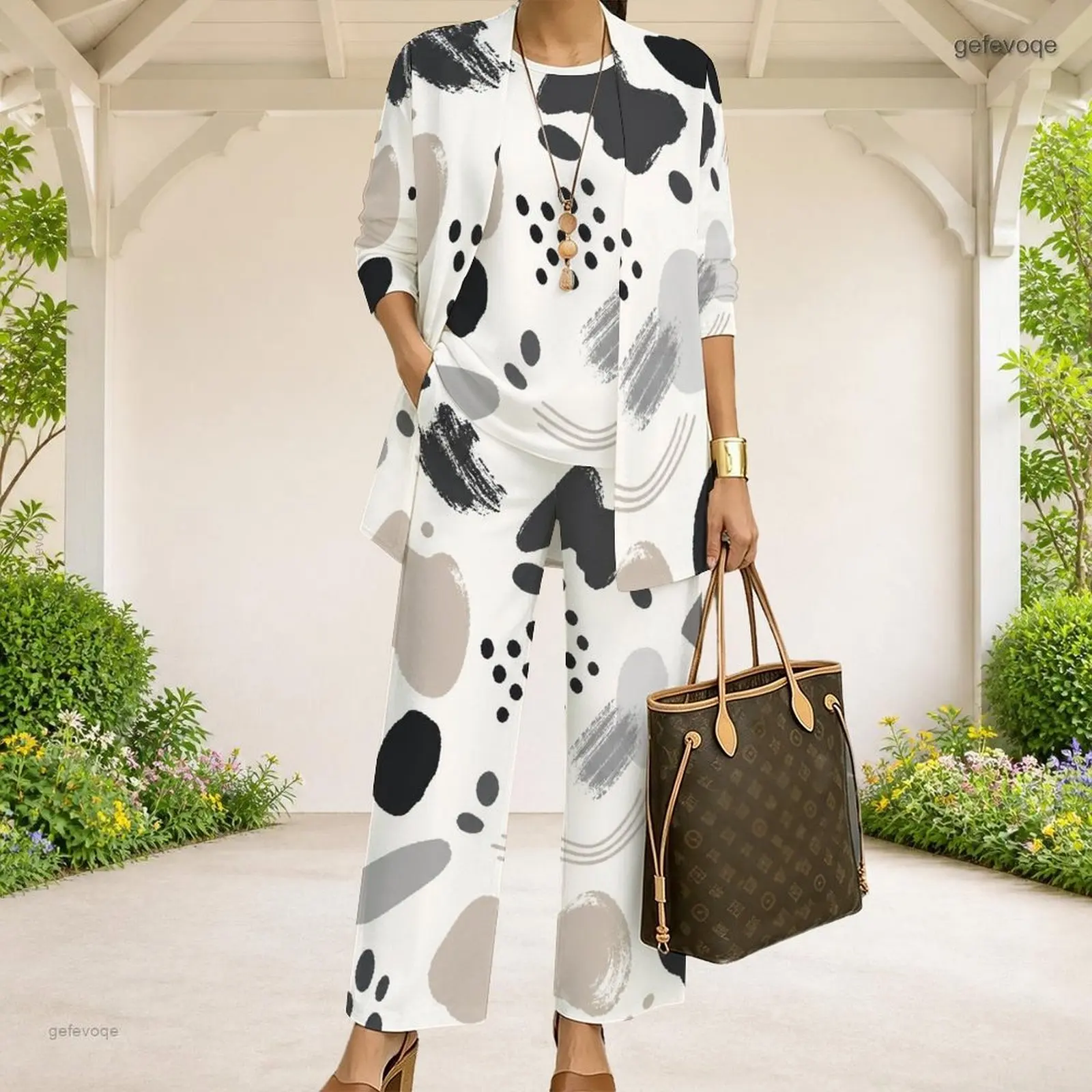 Women Abstract Printed Three Piece Pants Set 3/4 Sleeve Open Cardigan Matching Top Long Pants view 5