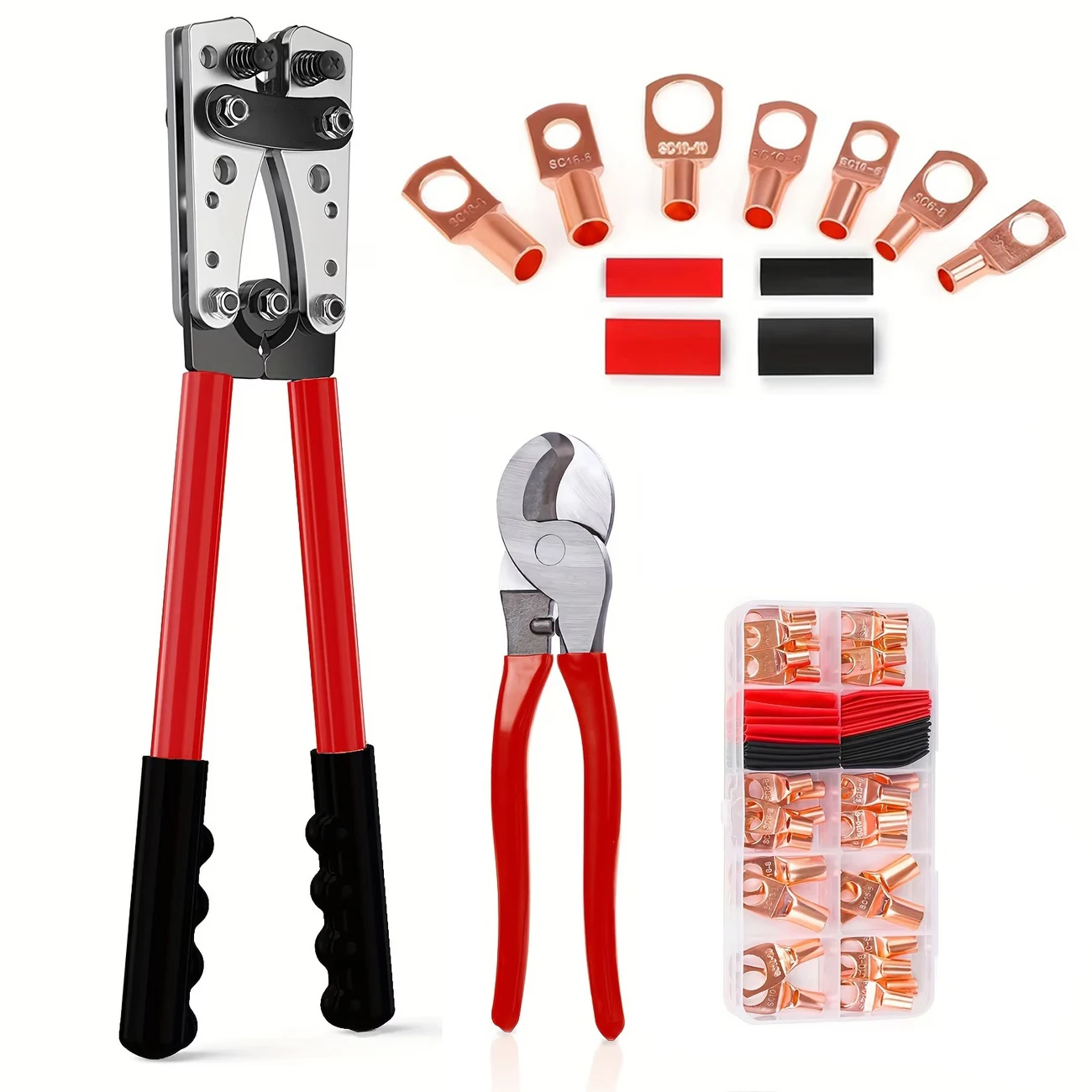 HX-50B Battery Cable Crimping Pliers Kit with LK-60A Wire Cutter, Gold Copper Lugs and Heat Shrink Tubing Assortment
