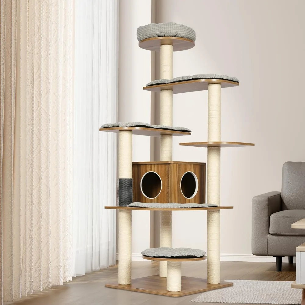 

KAMABOKO Tall Wood Cat Tree, 69” Large Cat Tower Multi-Level Platforms with Sisal Scratching Posts, Cat Tree for Large Cats 20 l