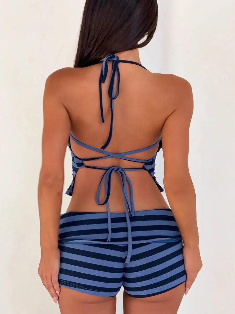 

Two Piece Striped Knit Set For Women Halter Neck Tie Back Crop Top With High Waisted Mini Shorts Y2K Beachwear