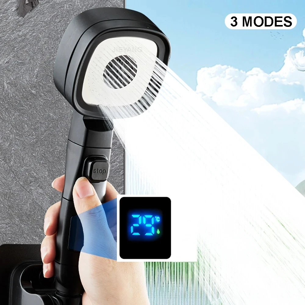 High Pressure Handheld Bathroom Shower Head Water Saving Showerhead Pressurized Adjustable Spray LED Digital Temperature Display