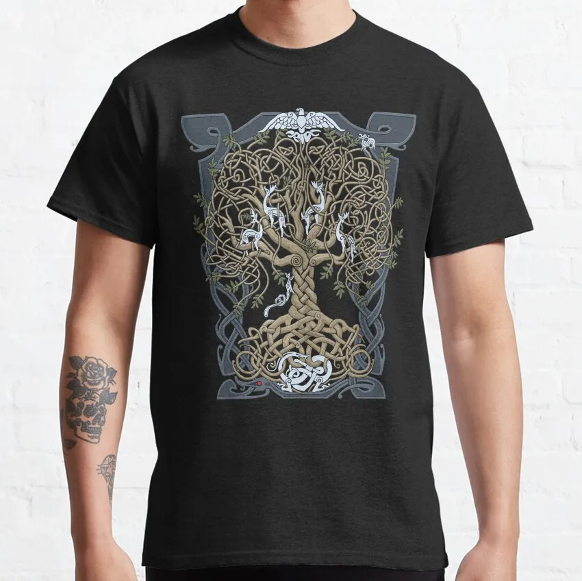 

Yggdrasil Tree of life Pagan Futhark Runes Distressed Celtic knot Valhalla T-Shirt Creatures Norse Mythology Knotwork Coloured