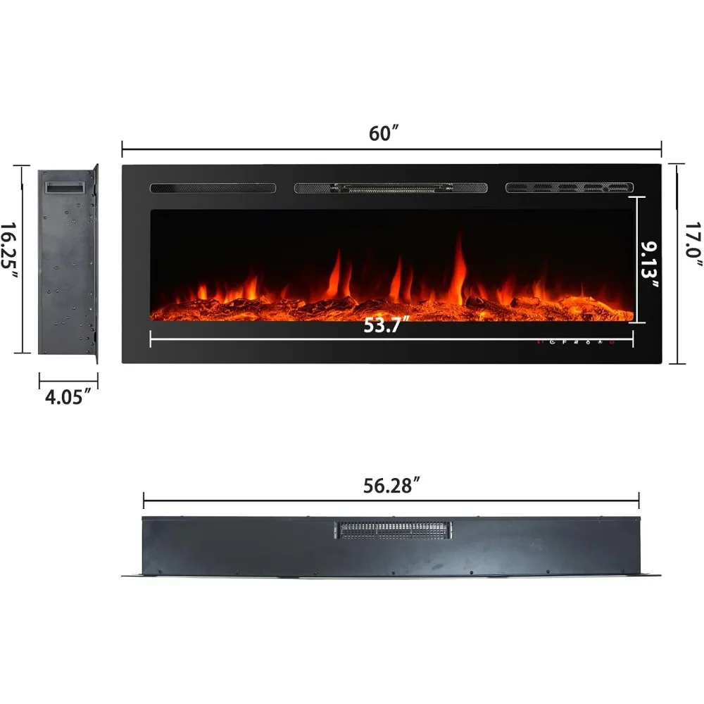 60 Energy-Efficient 750W/1500W LED Electric Fireplace Insert, Wall-Mounted with Remote Control