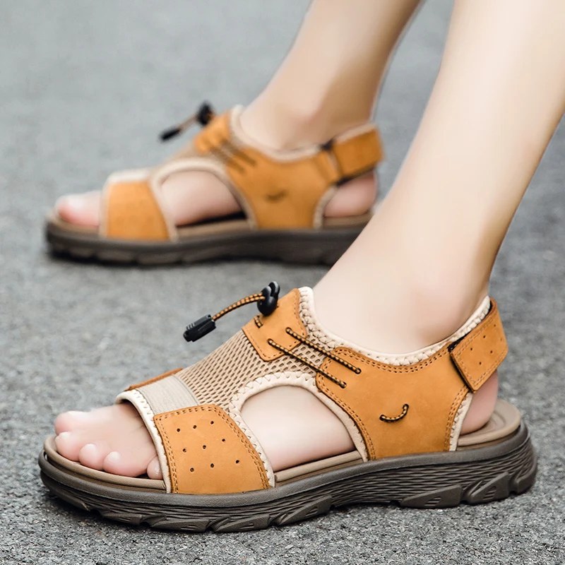 

Summer Men Sandals Genuine Leather Mens Casual Shoes Outdoor Men Leather Sandals for Men Beach Shoes Roman Shoes Plus Size 38-46