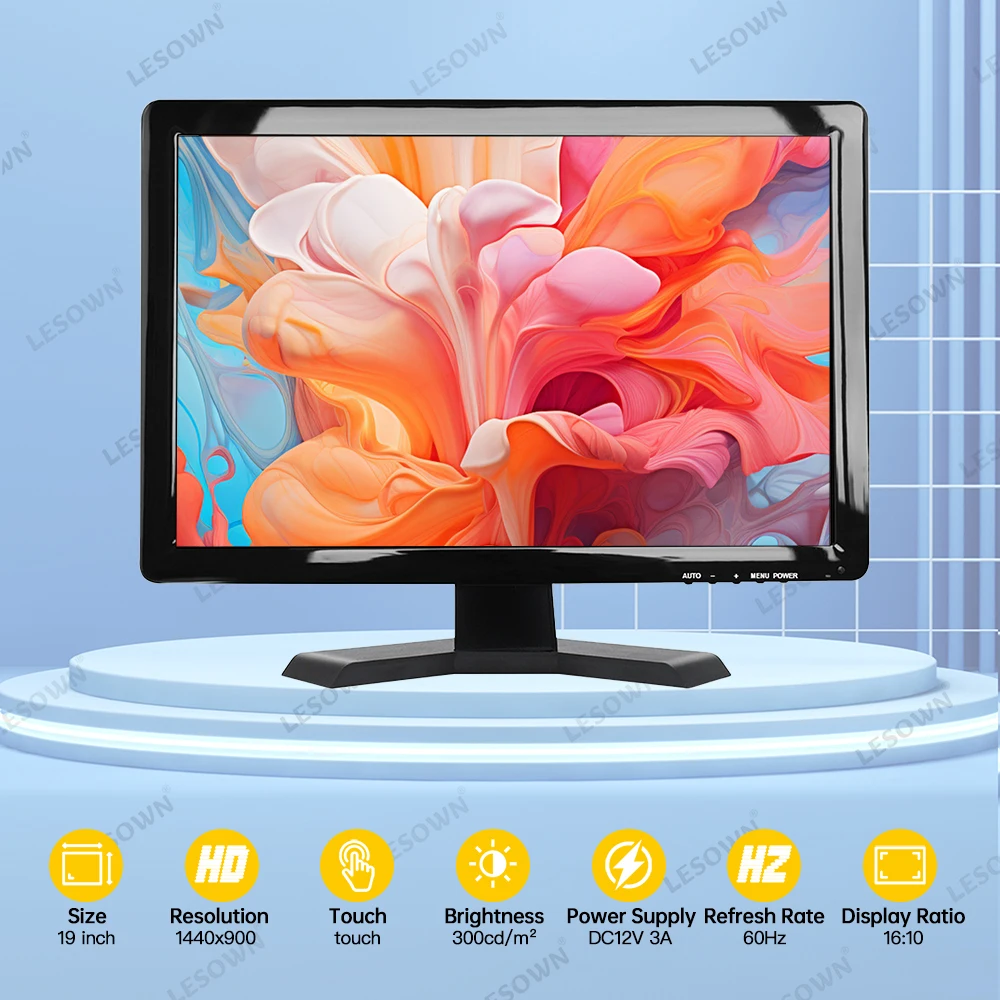 LESOWN New 19 inch Touchscreen Industrial Display VGA USB 1440x900 Resolution IPS Screen Monitor Built in Speakers for Windows