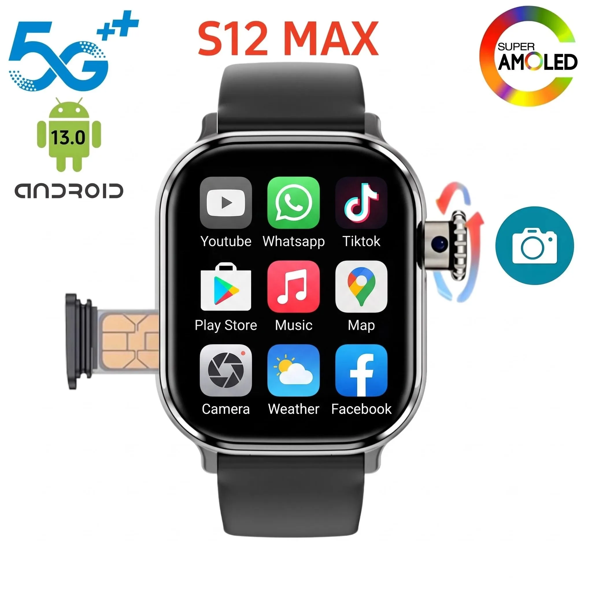S12 Smartwatch Amoled 5G LTE Android 13 Smart Watch With 2.29inch Screen Rotary Camera NFC health monitoring GPS WIFI App Store