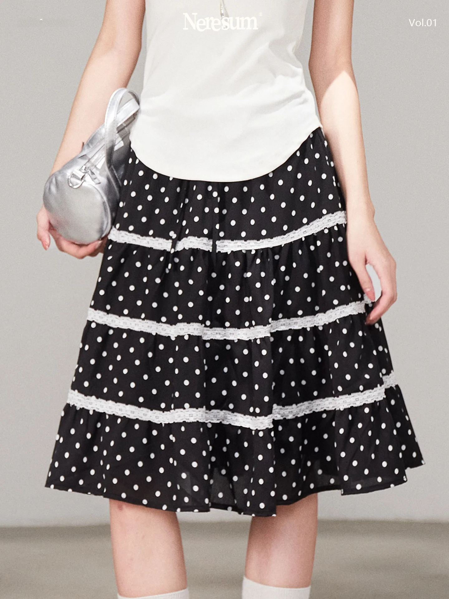 Sweet A-Line Midi Skirt with Lace Splicing for Women Polyester Fiber mid Waist Design Spring Summer Fashion Ladies Skirts