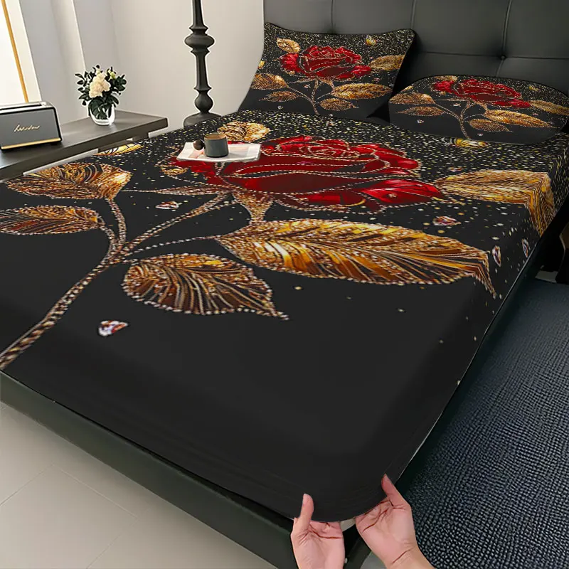 

2025 New Black Gold Marble Feather Rose 3D Digital Printing Bed Fitted Sheet, Single Piece fitted Sheet No Pillowcase