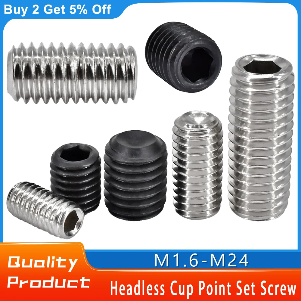 100pcs/200pcs DIN916 Allen Hex Socket Cup Point Set Screw 304 Stainless Steel Black12.9 Ball Point Grub Bolt M2 M2.5 M3 M4 M5 M6