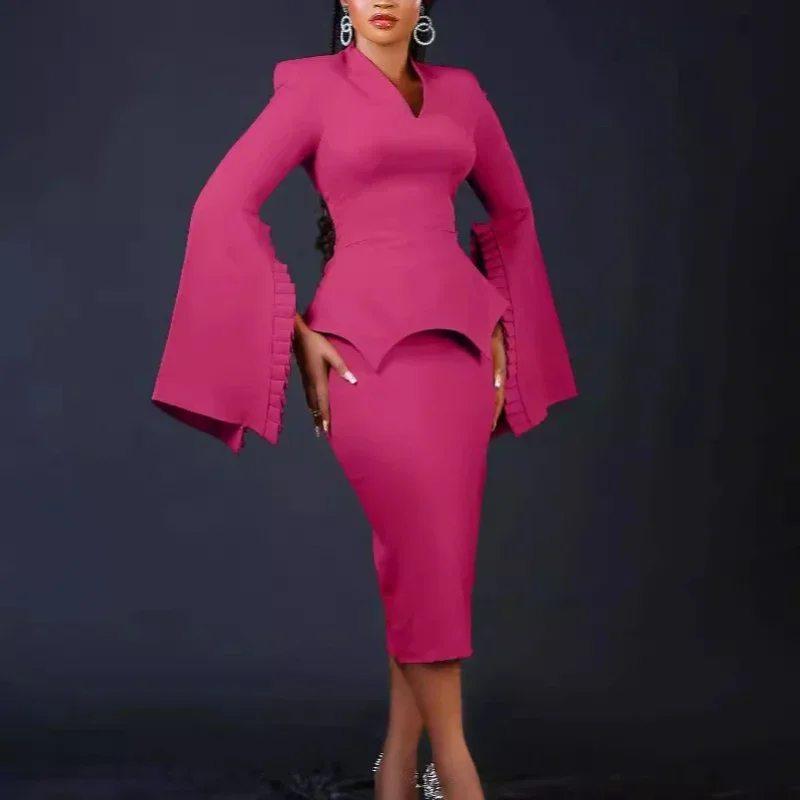 فساتين أفريقية للنساء بوليستر أفريقي بأكمام طويلة ورقبة على شكل حرف v للحفلات المسائية ميدي فستان ضيق Dashiki ملابس أفريقية